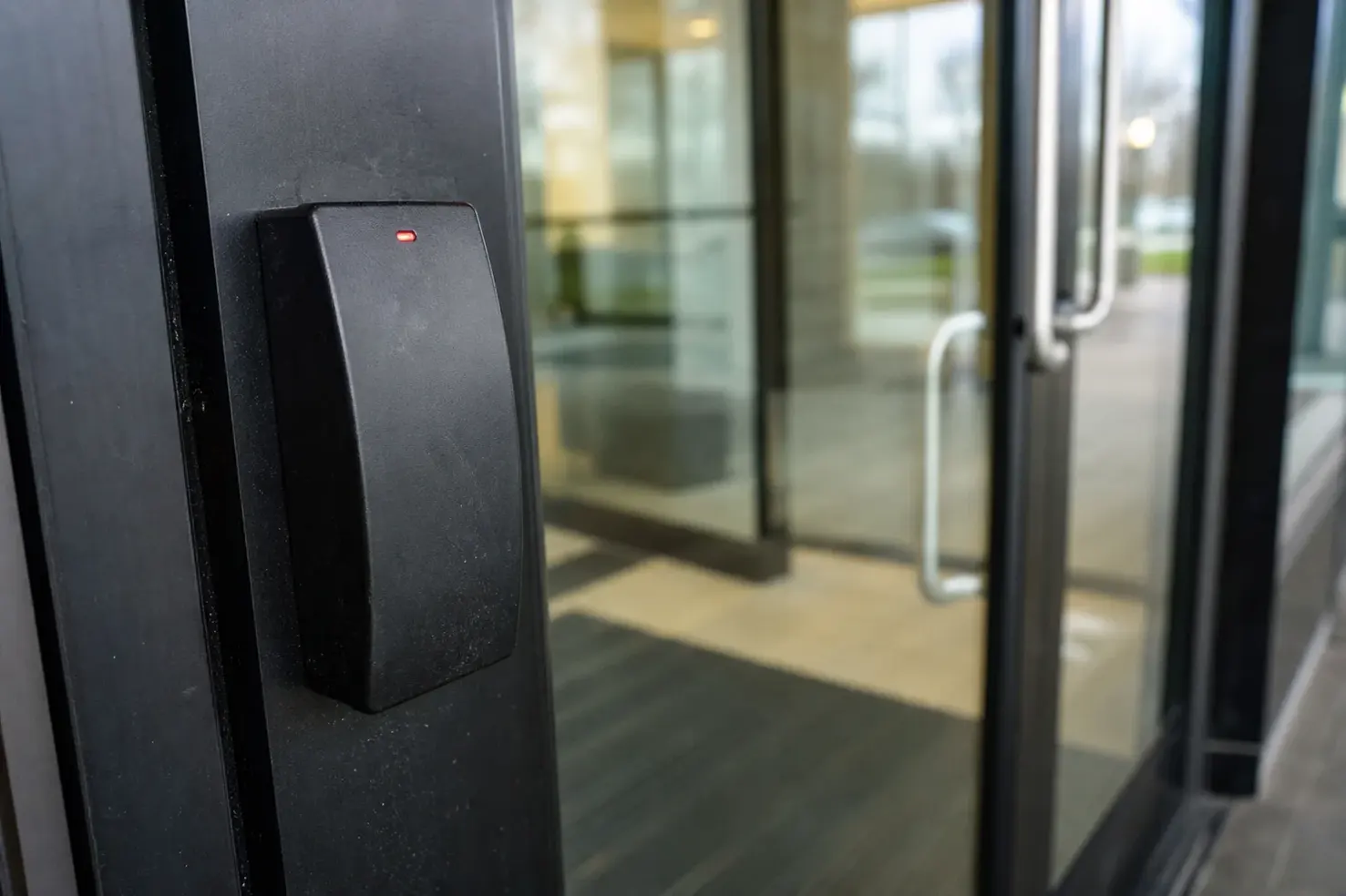 Access control card reader beside an office door, Fayetteville, NC