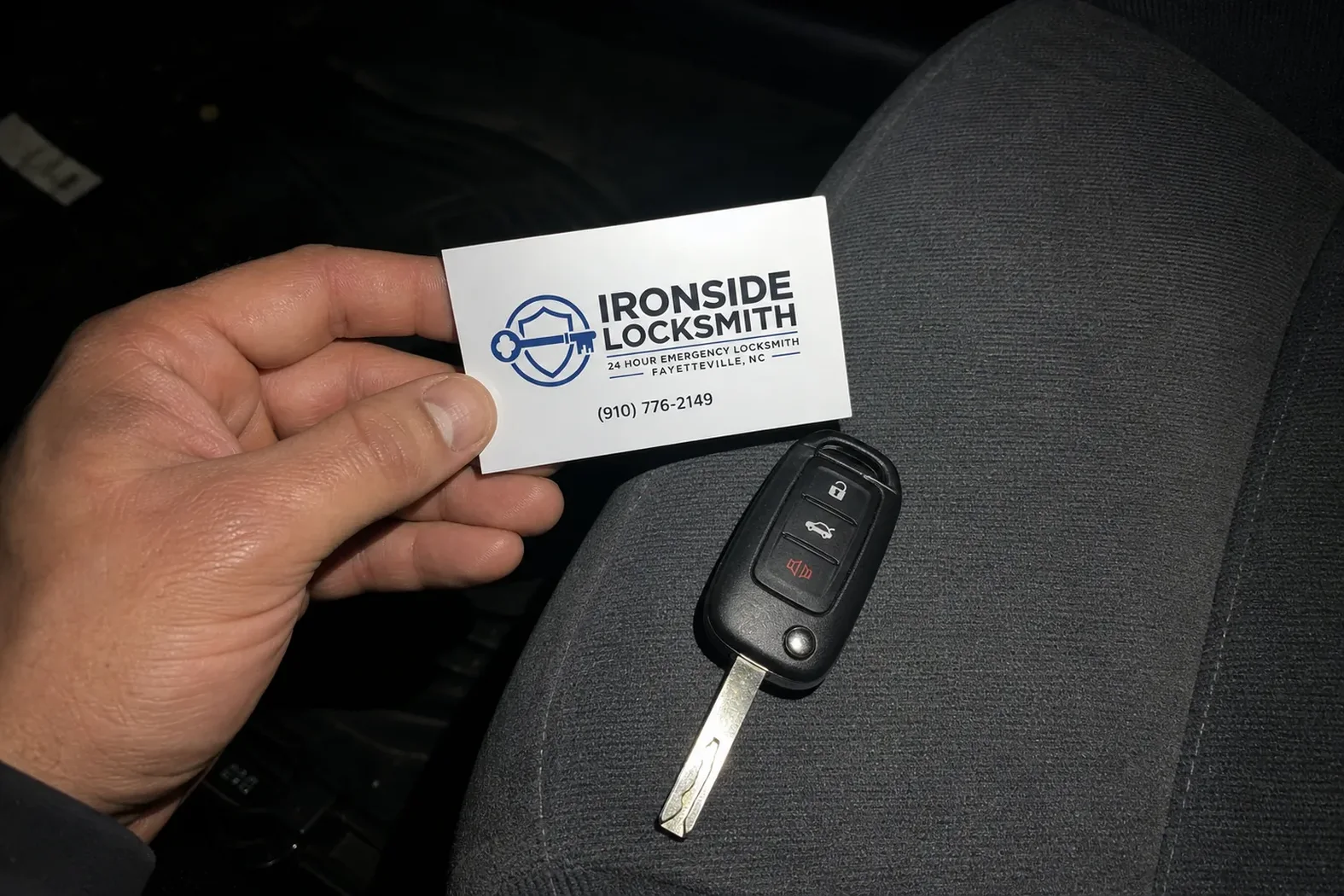 Ironside Locksmith card at a job in Fayetteville